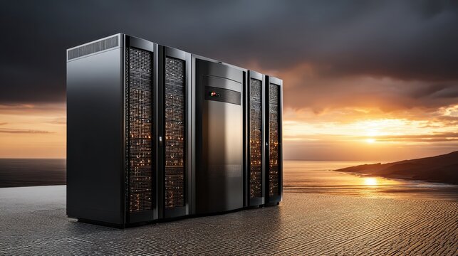 Futuristic Data Center Server with Sunset Over Ocean Background