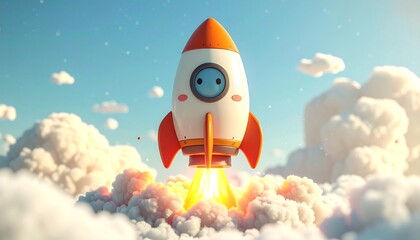 A cute cartoon rocket blasts off through fluffy clouds, embarking on a journey into a bright blue sky.