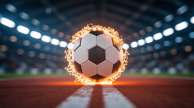 A soccer ball engulfed in flames on a stadium field, illuminated by bright lights.