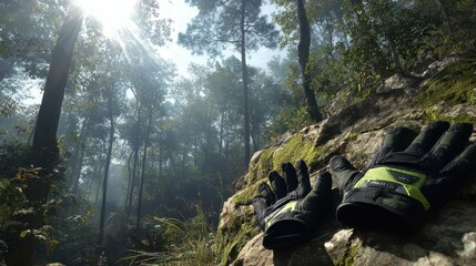 Hiking Gloves on Rock Surface in Misty Forest with Sunlight Rays
