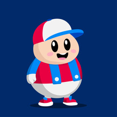 Cool pot-bellied game character in a simple vector cap in red blue clothes with suspenders