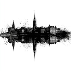 Naklejka premium A stylized black and white cityscape reflected in still water, depicted with a grunge texture and fragmented edges, creating an artistic, almost abstract effect