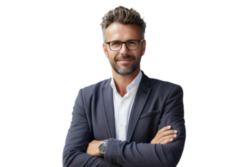 Confident and professional businessman with glasses and crossed arms, exuding competence and leadership for modern corporate branding and marketing needs.