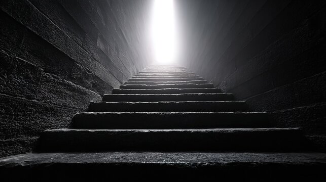 ascent. Stone staircase bathed in sunlight, creating a dramatic contrast with atmospheric haze and a low-angle view. real-estate listings.