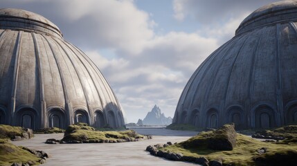 Obraz premium Futuristic Domed Structures Surrounded by Scenic Natural Landscape
