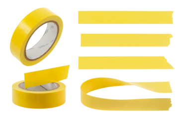 Yellow masking tape in multiple forms isolated on white background