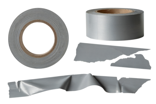 Different angles of a roll of gray duct tape with a piece of torn tape isolated on white background