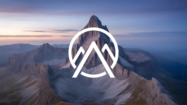 A mountain peak at dawn with a stylized geometric logo overlaying the landscape
