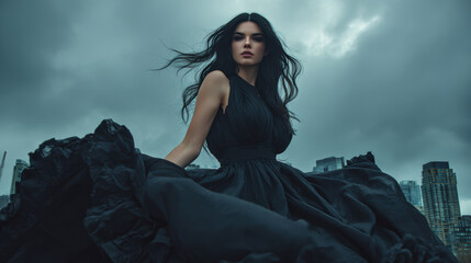 Powerful young caucasian woman in flowing black dress poses on rooftop against stormy city skyline. Her dark hair blows in wind, creating dramatic, moody, elegant portrait