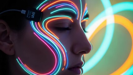Profile view of woman with neon lights tracing face and device attached near ear in futuristic style - Powered by Adobe