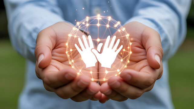 Person holding glowing holographic hands within a network sphere, symbolizing protection and connection