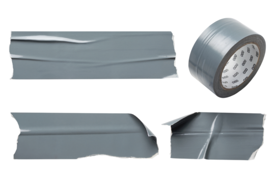 Different views of a roll of gray tape and strips of gray tape with a simple style isolated on white background
