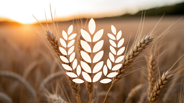 Golden wheat field at sunset with stylized wheat graphic overlay