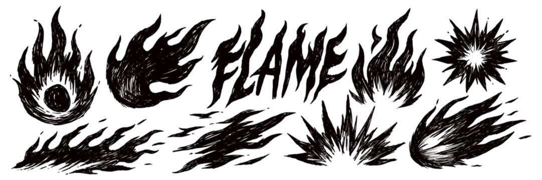 Doodle sketch set of flames, fire bursts, meteor shapes and explosions in scribble crayon style isolated elements on white background