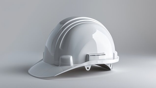 A pristine white hard hat rests on a minimalist gray background, subtly illuminated to showcase its smooth surface and molded details