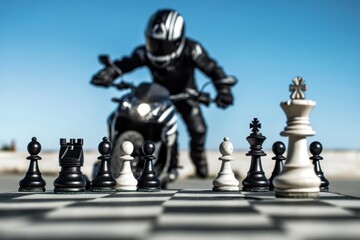 Dynamic contrast of a motorcycle and chess pieces under clear blue skies