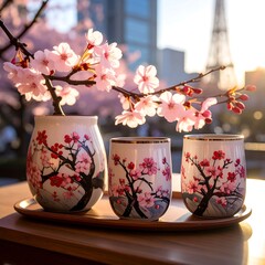 Cherry blossoms in ceramic cups with a cityscape backdrop