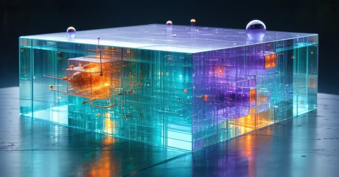 Complex cube structure. Glowing internal circuitry visible through transparent material. Vivid colors, futuristic design, reflective surface.