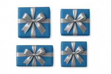 Blue gift boxes with silver ribbons and bows, creating a festive celebration and surprise concept