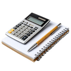 Calculator notebook and pencil arrangement for business and study tasks isolated on transparent background