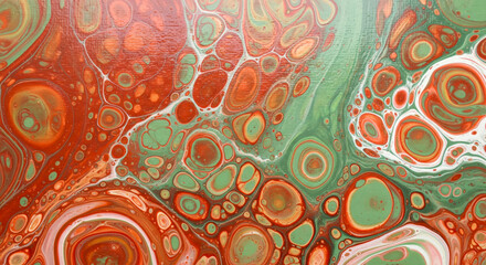 Abstract fluid art background with red and green paint texture, creative liquid marble pattern with cells for modern and organic