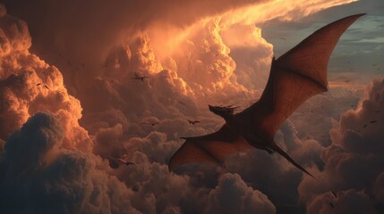 Majestic Dragon Soaring Through Colorful Sunset Clouds in Sky