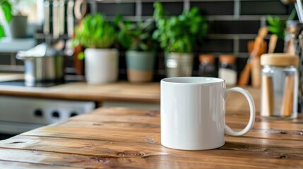 White mug on wooden kitchen table
