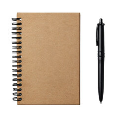Spiral bound kraft notebook with a sleek black pen ready for ideas isolated on transparent background