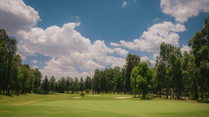 Fototapeta premium fairway. Vast green golf course under bright sunlight, capturing the tranquility of open landscapes. travel magazines, destination branding, designed for outdoor magazines and nature guides.
