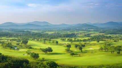 fairway. Vast green golf course under bright sunlight, capturing the tranquility of open landscapes. travel magazines, destination branding, designed for outdoor magazines and nature guides.