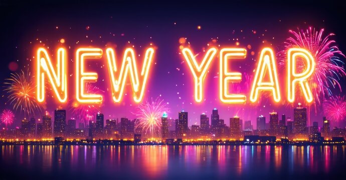 Neon New Year text over city skyline. Fireworks illuminate night sky, reflecting on water below. Vibrant colors create festive mood.