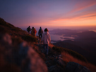 Obraz premium Un gruppo di escursionisti in salita verso la cima di una montagna all'alba, un concetto di avventura e spirito di squadra