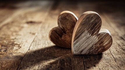woodwork. Two wooden heart carvings on a rustic table with soft sunlight and delicate shadows. lifestyle magazines, social media lookbooks, designed for influencer and brand collaborations.