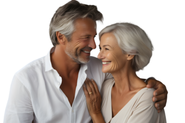 Joyful senior couple sharing a loving moment, their radiant smiles and gentle embrace radiating happiness and enduring connection, perfect for lifestyle and relationship themes