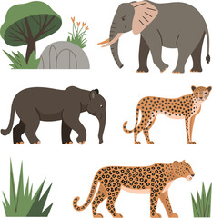 Leopard, Cheetah, Panther, Elephant vector on white background