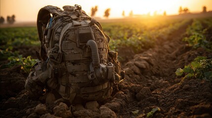 Military Tactical Backpack on Agricultural Field at Sunset