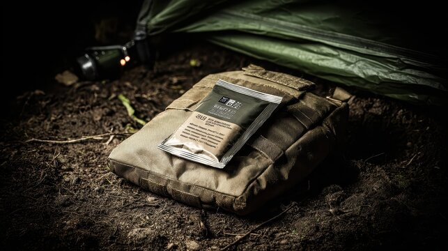 Military Survival Gear Close-Up with Ration Pack on Ground