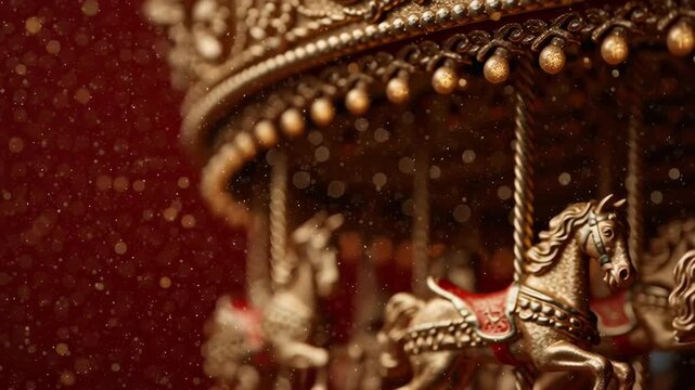 Close-up of a golden toy carousel horse against a blurred red background with golden bokeh. Retro Christmas aesthetics