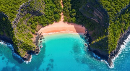 Aerial View of a Pink Sand Beach Surrounded by Lush Green Cliffs and Turquoise Ocean Waters