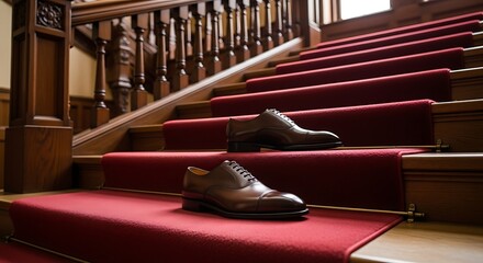 Elegant Brown Shoes on Red Staircase.