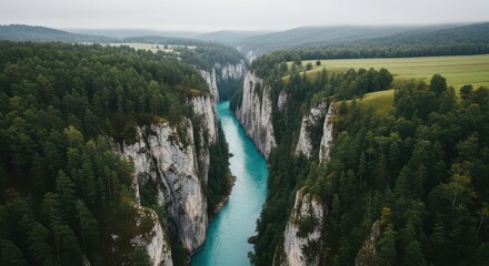 Turquoise River Carves Through Majestic Forested Canyon Landscape
