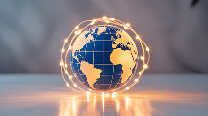 Globe with illuminated circular lights surrounding it, symbolizing global connectivity and technology