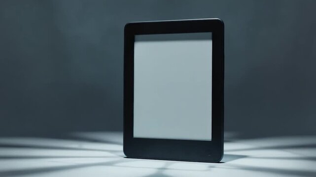 A black e-reader stands on a light gray surface against a dark gray background