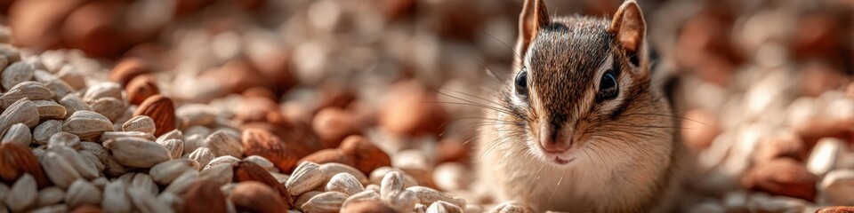Obraz premium A tiny, adorable chipmunk sits amidst a huge collection of various seeds, its cute face and small paws highlighted by the warm sunlight.