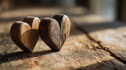 woodwork. Two wooden heart carvings on a rustic table with soft sunlight and delicate shadows. lifestyle magazines, social media lookbooks, designed for influencer and brand collaborations.