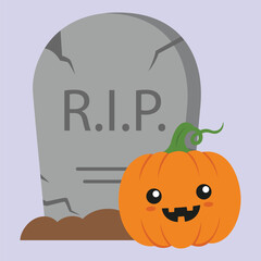 cartoon tombstone with pumpkin in front of it