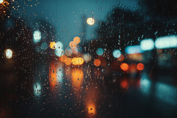 Raindrops trickle down a glass window, with blurred colorful city lights outside, creating a cinematic and melancholic rainy mood.