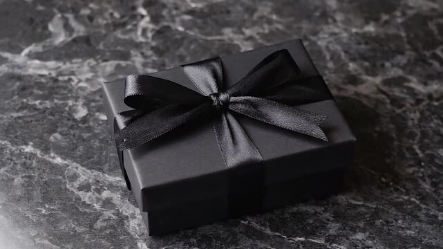 A black gift box with a black ribbon bow sits on a dark grey marble surface