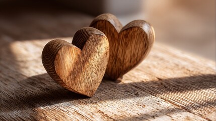 woodwork. Two wooden heart carvings on a rustic table with soft sunlight and delicate shadows. lifestyle magazines, social media lookbooks, designed for influencer and brand collaborations.