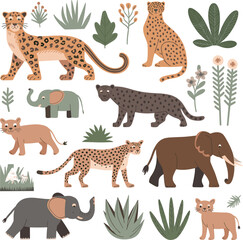 Leopard, Cheetah, Panther, Elephant vector on white background